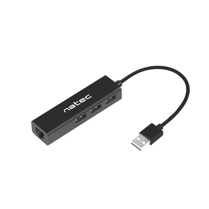 USB хъб Natec, USB 2.0 hub dragonfly 3x port usb 2.0 usb+rj45, Черен