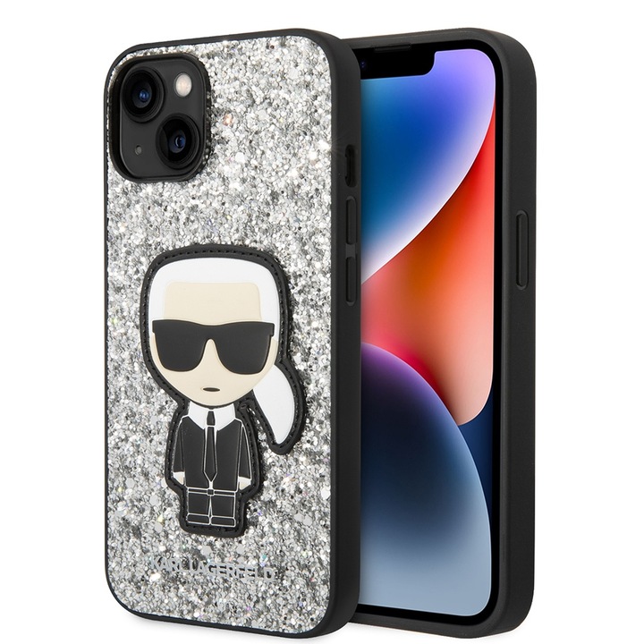 Tok iPhone 15 / iPhone 14 / iPhone 13 telefonokhoz - Karl Lagerfeld Hardcase Glitter (KLHCP14SGFKPG) - Silver Flakes Ikonik