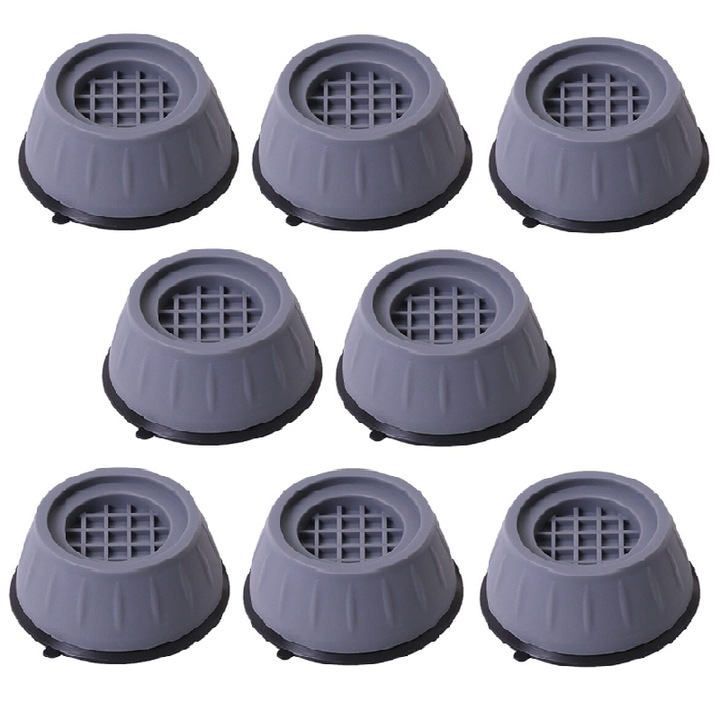 Set 8 picioare/suporti pentru masina de spalat, frigider, uscator, Antivibratii, Antiderapante, Antizgomote, ABS si cauciuc, Gri, 8,5*4 cm