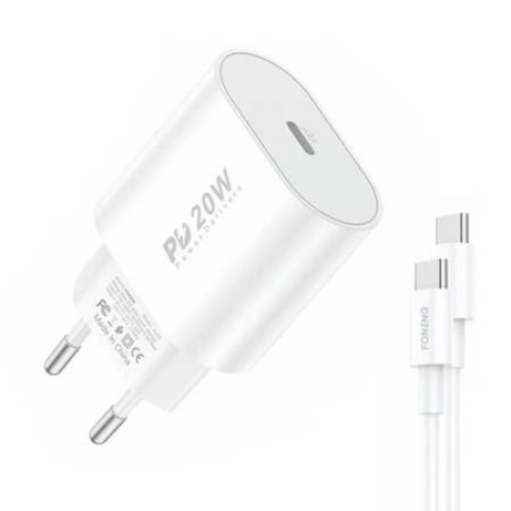 Foneng EU20 hálózati töltő + USB-C - USB-C kábel fehér (EU39 Type-C to Type) (EU39 Type-C to Type)