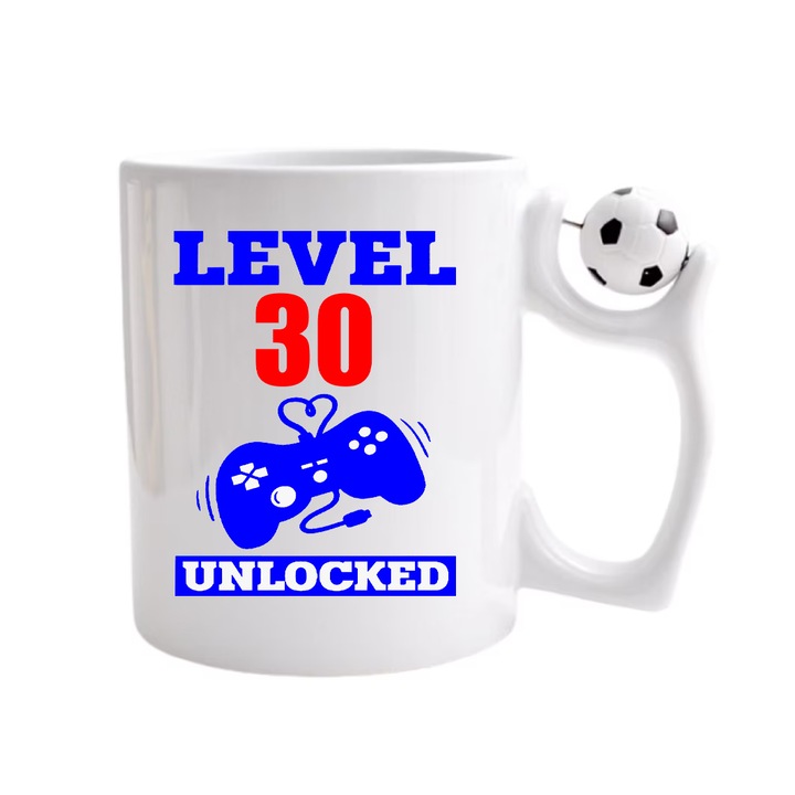 Cana personalizata cu imprimeu Level 30 unlocked, Ceramica, 330 ml, Maner minge fotbal