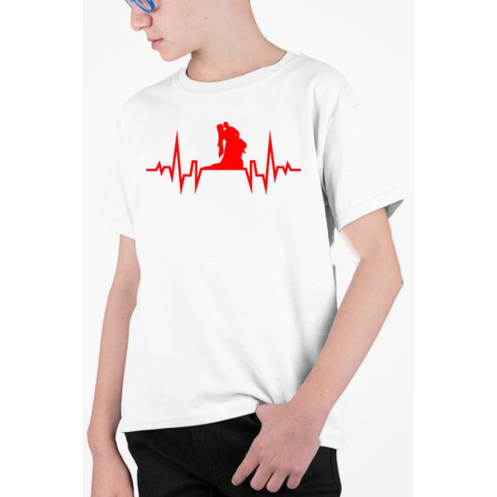 Tricou personalizat pentru copii cu imprimeu, Ritm cardiac - Mireasa si mire model 3, Bumbac, Alb, 128-140 CM