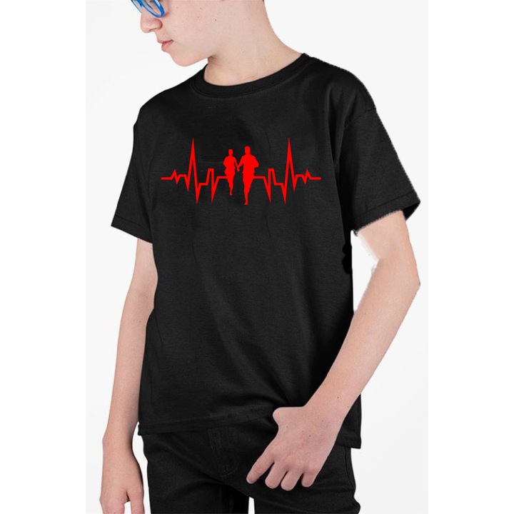 Tricou personalizat pentru copii cu imprimeu, Ritm cardiac - Cuplu, Bumbac, Negru, 140-152 CM