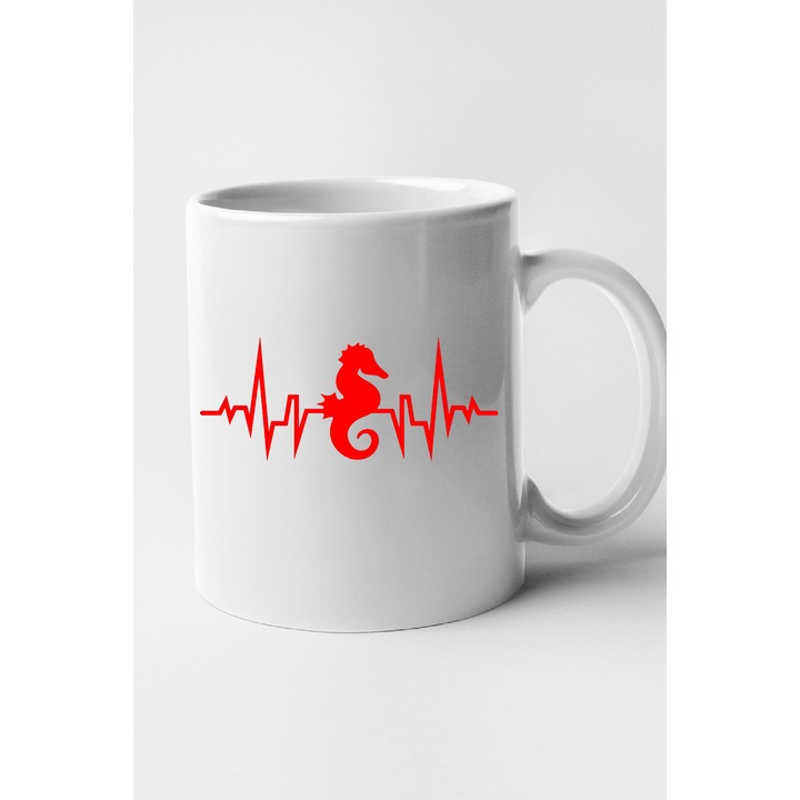 Cana personalizata cu imprimeu, Ritm cardiac - Calut de mare, Ceramica, 330 ml, Maner si interior Alb