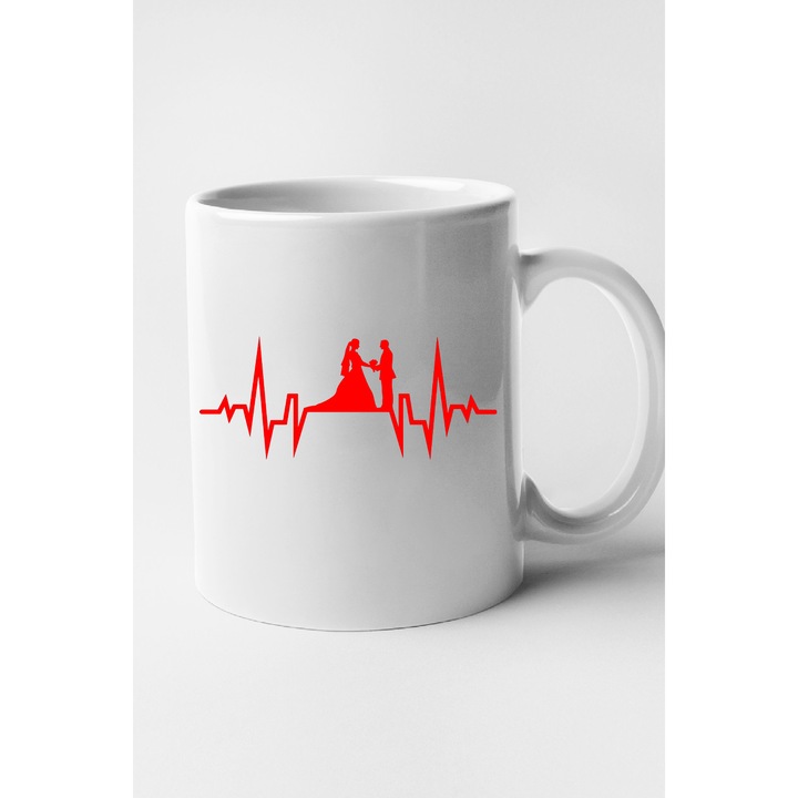 Cana personalizata cu imprimeu, Ritm cardiac - Mireasa si mire, Ceramica, 330 ml, Maner si interior Alb