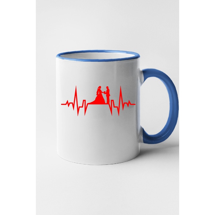 Cana personalizata cu imprimeu, Ritm cardiac - Mireasa si mire, Ceramica, 330 ml, Maner si interior Albastru