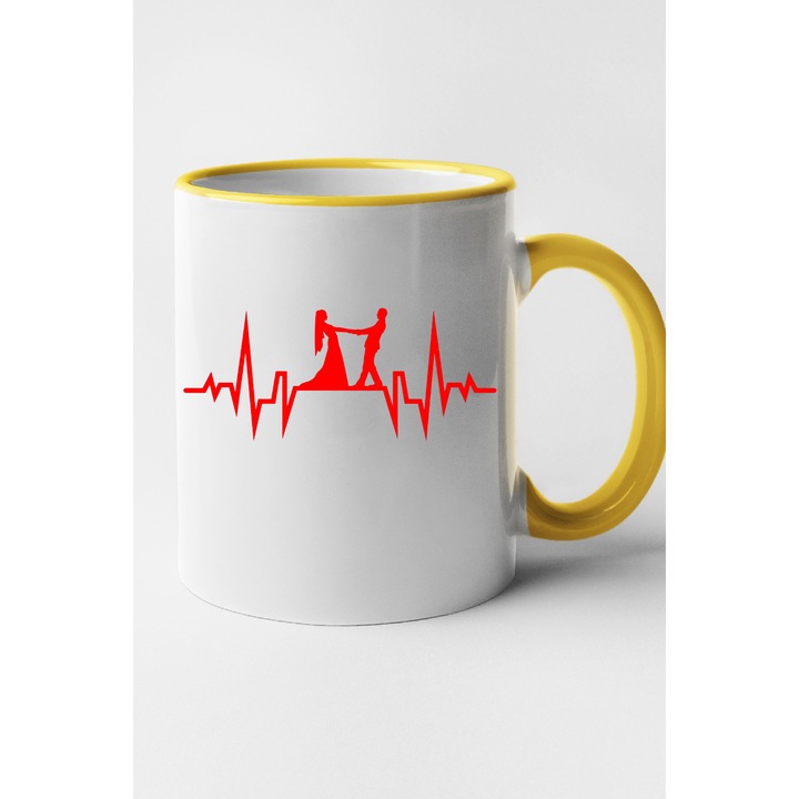 Cana personalizata cu imprimeu, Ritm cardiac - Mireasa si mire model 1, Ceramica, 330 ml, Maner si interior Galben