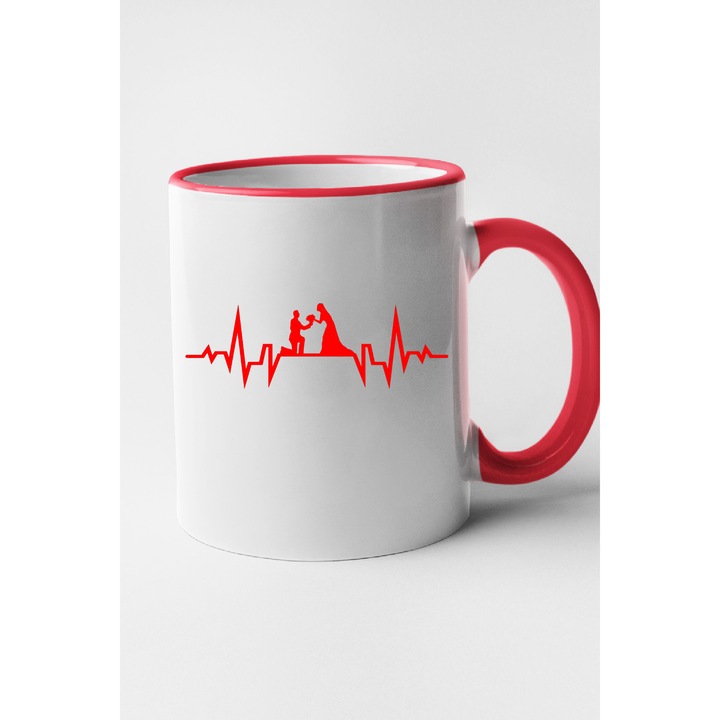Cana personalizata cu imprimeu, Ritm cardiac - Mireasa si mire model 2, Ceramica, 330 ml, Maner si interior Rosu