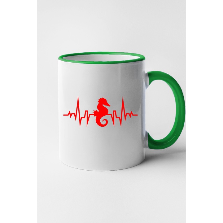 Cana personalizata cu imprimeu, Ritm cardiac - Calut de mare, Ceramica, 330 ml, Maner si interior Verde