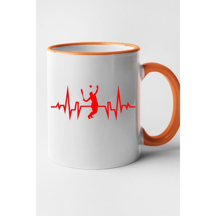 Cana personalizata cu imprimeu, Ritm cardiac - Jucator de tenis, Ceramica, 330 ml, Maner si interior Portocaliu