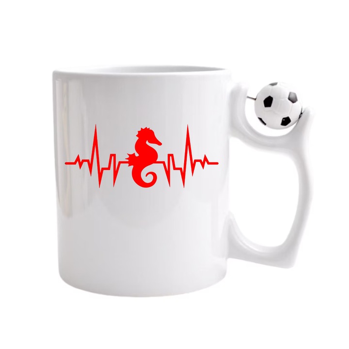 Cana personalizata cu imprimeu, Ritm cardiac - Calut de mare, Ceramica, 330 ml, Maner minge fotbal
