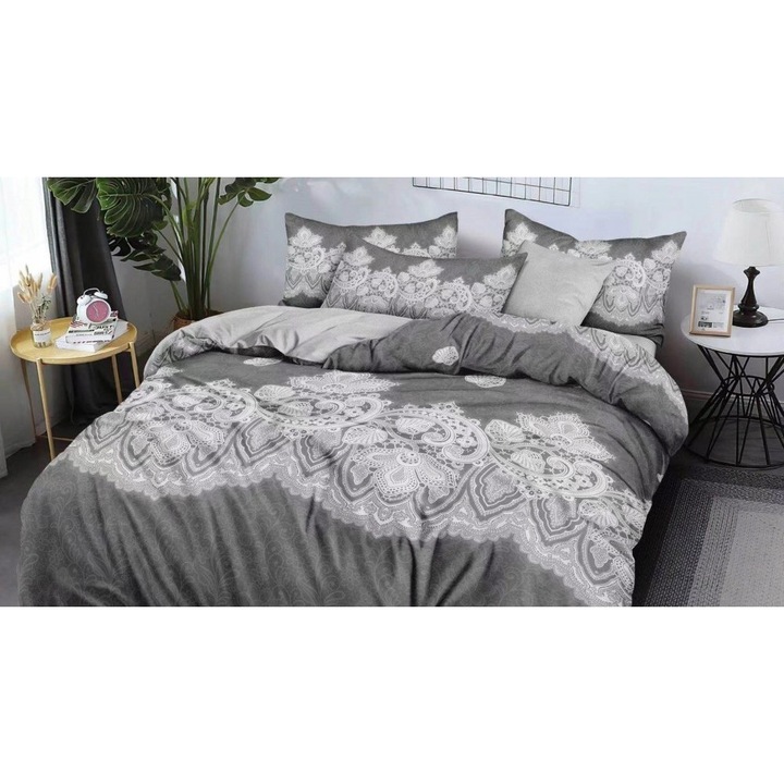 Комплект Спално бельо Fashion, 200х220 см, Сатениран памук, Сив/Бял, 4 части