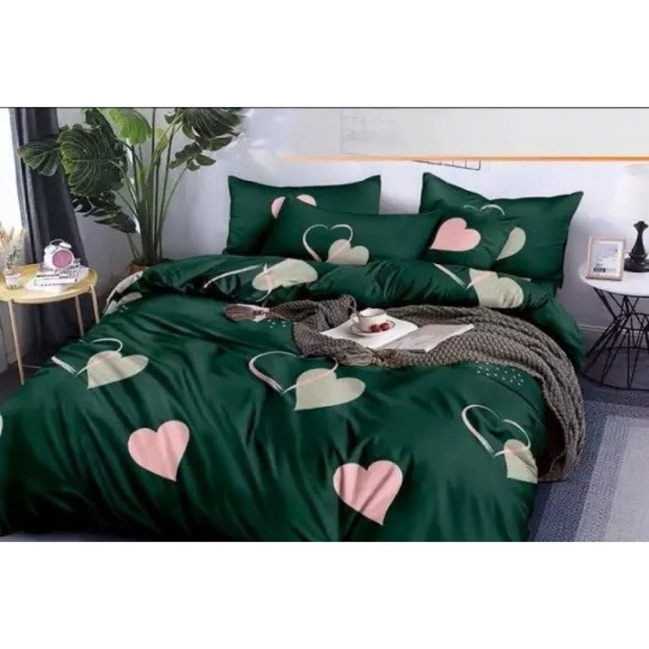 Комплект Спално бельо Fashion, 200х220 см, сатениран памук, тъмно зелено, на сърца, 4 части