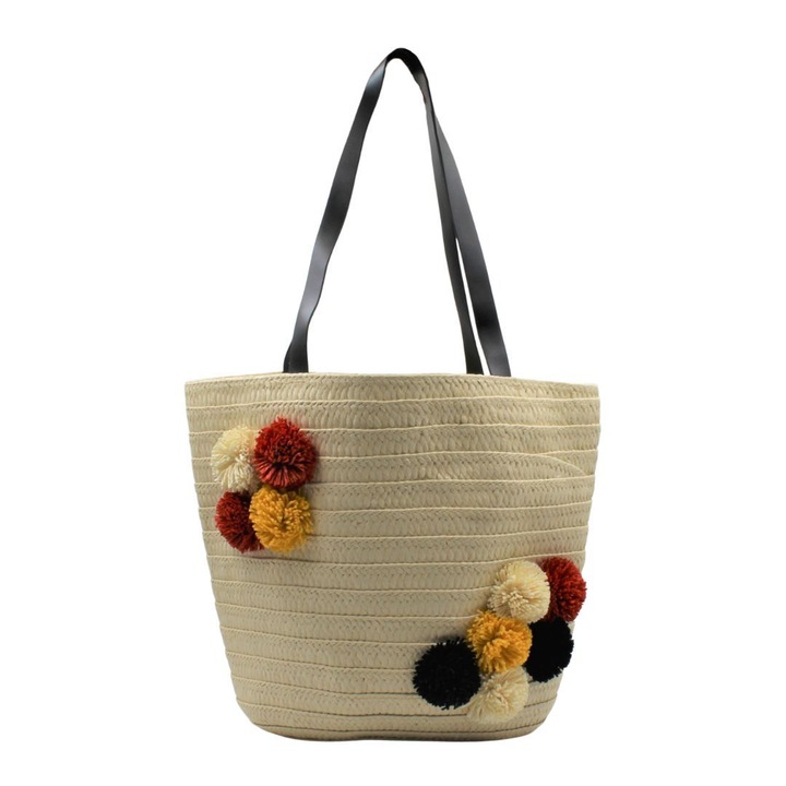 Geanta plaja bej cu ciucuri colorati