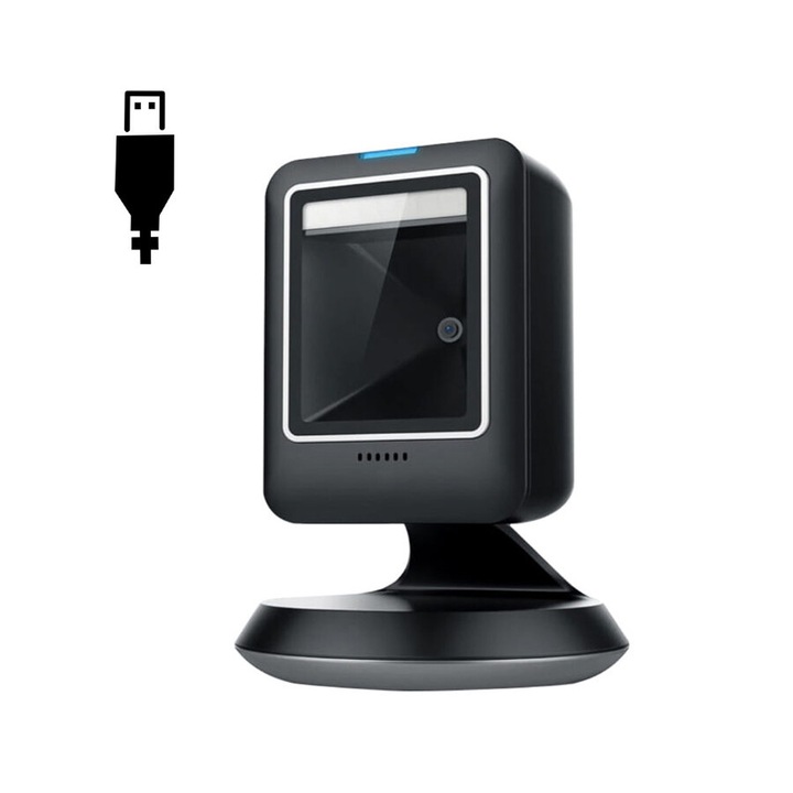 Cititor de coduri de bare, QR, 1D, 2D, desktop, scanare automata, compatibil cu Linux, Android, Windows XP, 7, 8, 10, MacOS, senzor CMOS 640x480, USB, cablu 170 mm, dimensiuni 106 x 73 x 143 mm, negru, HDWR, HD-S63