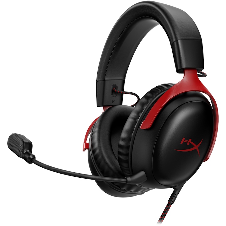 HyperX Cloud III gaming fejhallgató, DTS Headphone:X, térhatású hang, levehető mikrofon, zajszűrés, LED kijelző, 3.5mm jack, USB-C, USB-A, multiplatform, fekete / piros