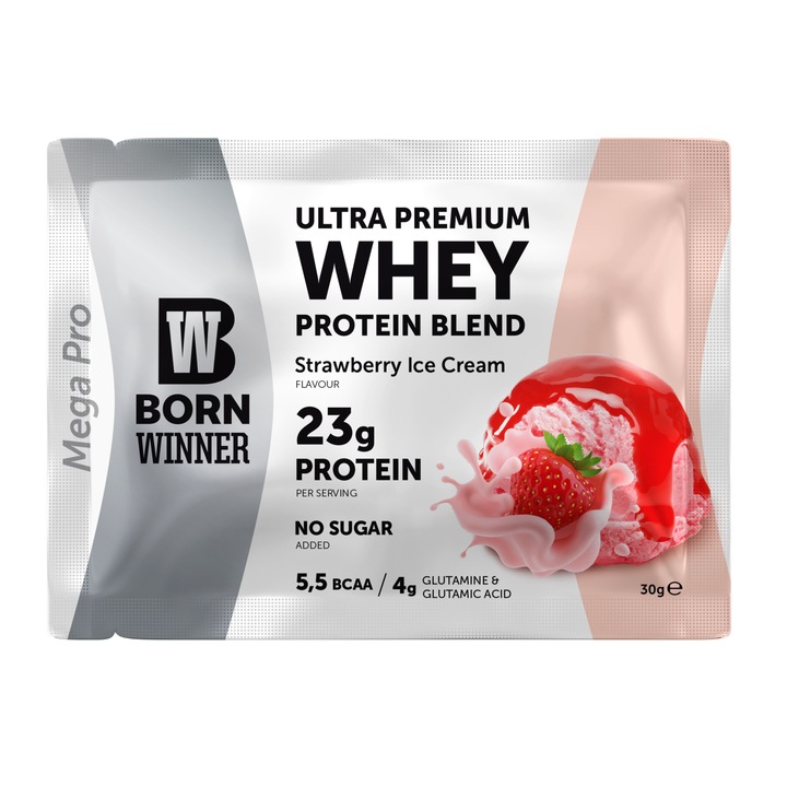 Born Winner Mega Pro pudra proteica 69% BCAA fara zahar adaugat capsuni, 30G
