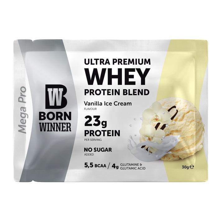 Born Winner Mega Pro pudra proteica 69% BCAA fara zahar adaugat vanilie, 30G