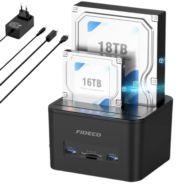 Fideco Dupla merevlemez dokkoló állomás, USB 3.0, kompatibilis SATA HDD/SSD 2,5"/3,5", offline klónozási funkció, SD/TF kártyaolvasó, Fekete