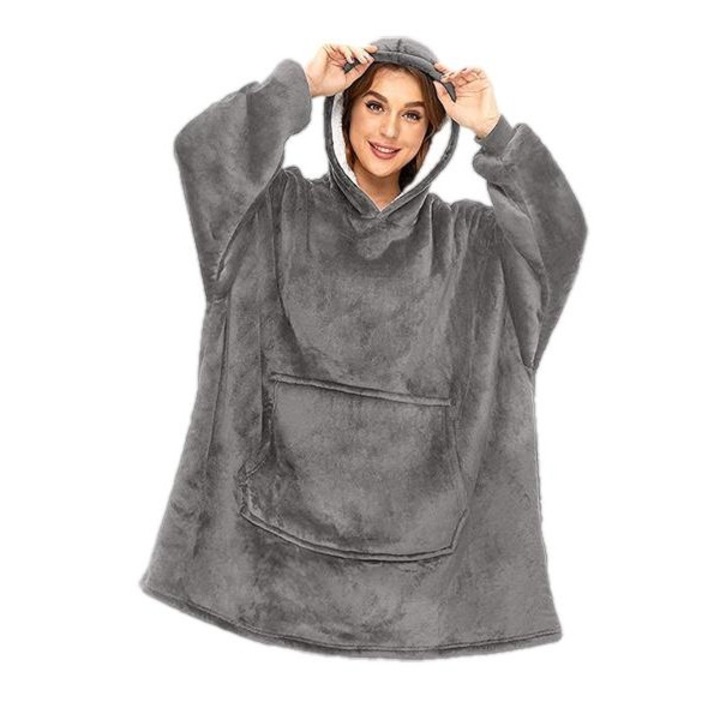 Patura cu maneci si gluga Anagre ®, cu buzunar frontal, captusit, plusat, ultra usor si calduros, poliester, mov lila, marime universala Model, Gri