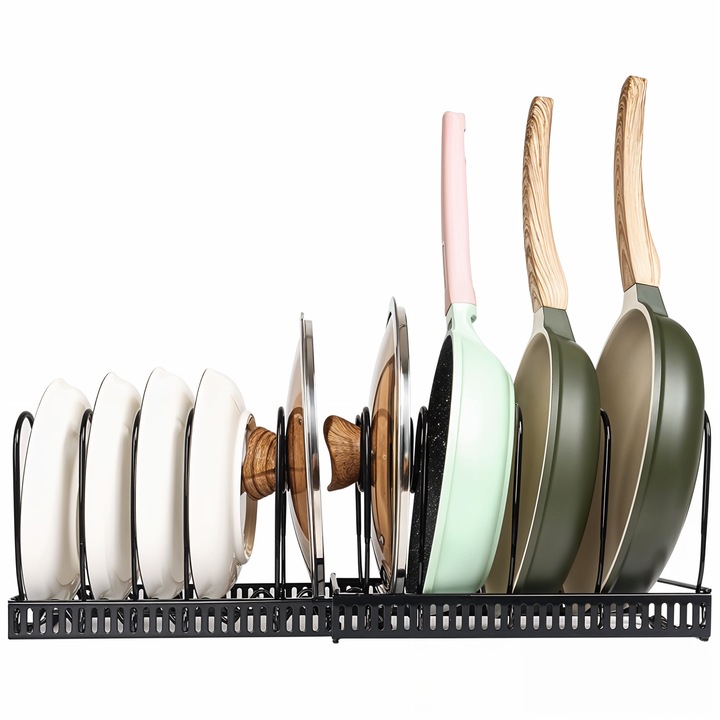 Регулируема поставка за тигани, тенджери, метални капаци с гумена защита, 10 сепаратора, черни, Callena