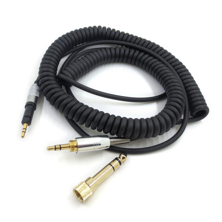 Cablu audio PadForce pentru casti ATH-M50x, ATH-M40x, ATH-M70x, Jack 3.5mm, Spiralat cu capete metalice + Adaptor 6.35mm, Lungime 1.50 -5m