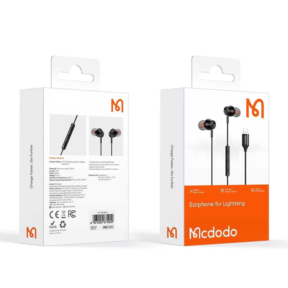 Casti pentru telefon, Mcdodo, Microfon, Compatibil Apple, Negru/Portocaliu