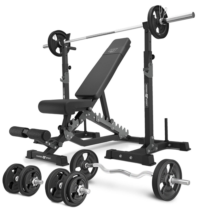 Set aparat multifunctional cu accesorii, Marbo Sport, MS34_2.0, Include - Banca reglabila MS-L101 2.0 (300 kg), 2x suport MS-S108 2.0 (300 kg, dips), 4x haltere (diverse tipuri), 12x greutati cauciucate cu greutatea totala de 60 kg (Ø30 mm), Negru