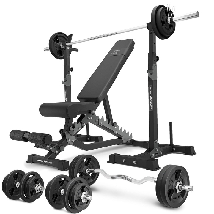 Set aparat multifunctional, Marbo Sport, MS34 2.0 113 Kg, Include: Banca dubla MS-L101 2.0, Suporturi pentru genuflexiuni MS-S108 2.0 cu dispozitive de siguranta, Set de greutati din fonta si haltere - greutate totala 113 kg, Negru