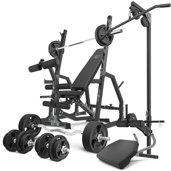 Set aparat multifunctional, Marbo Sport, MS36_2.0_113KG_G, Include: Banca de antrenament reglabila, Suporturi cu carlige de siguranta, Preacher curl, Presa pentru picioare, Roata cu scripeta, Greutati cauciucate 113 kg, Haltere intarite, Negru