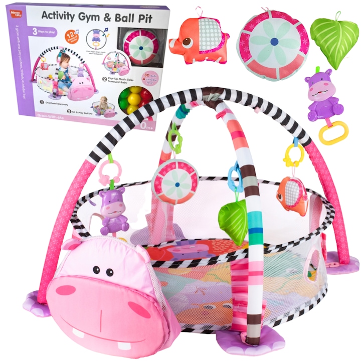 Centru de activitati multifunctional interactiv pentru copii si bebelusi, VisionHub®, 3 in 1 tip tarc, cu Bile moi multicolore si Jucarii interactive, roz, 0 luni +