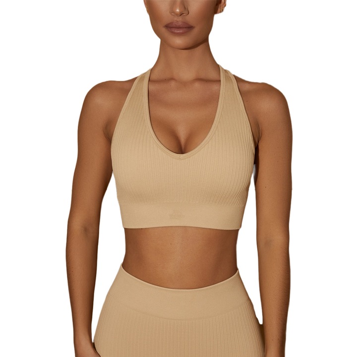 Top fitness cu sustinere ridicata si decolteu in V, Bej 641