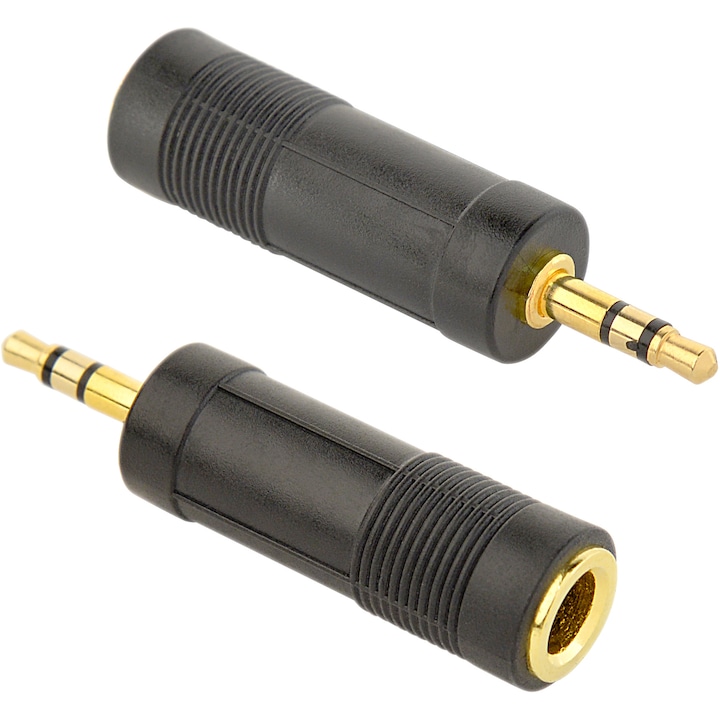 Adaptor audio Gembird 1 x 6.35 mm jack M la 1 x 3.5 mm jack T, stereo, Negru, A-6.35F-3.5M