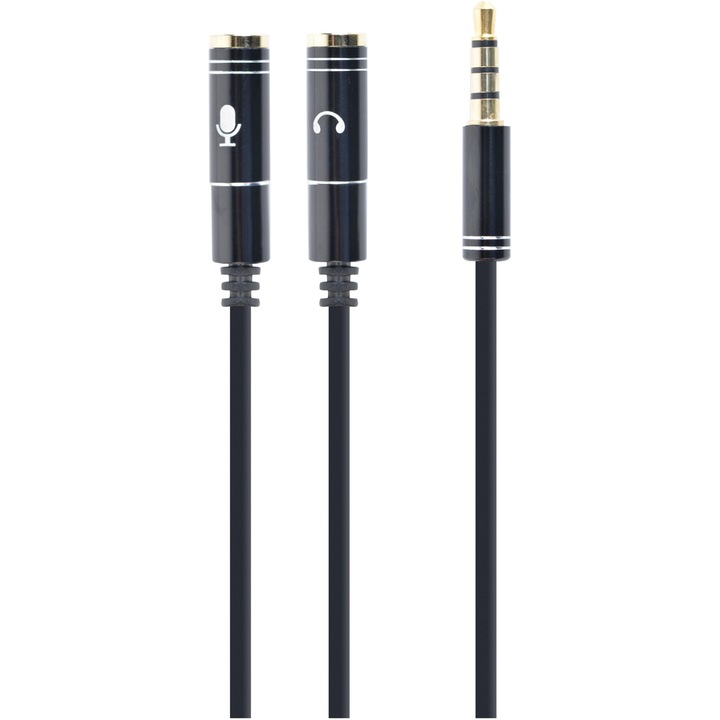 Аудио кабел Gembird стерео сплитер 1 x 3,5 mm жак T към 2 x 3,5 mm жак M, 20 cm, черен CCA-417M
