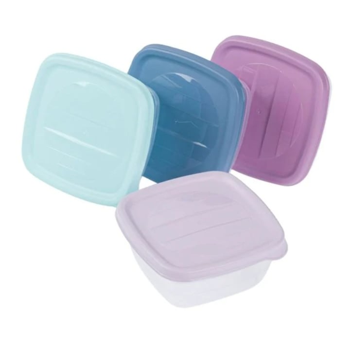 Set caserole alimentare, 4 buc, plastic, cu capace colorate, multicolor/transparent, 250 ml, 10x10x4,5cm
