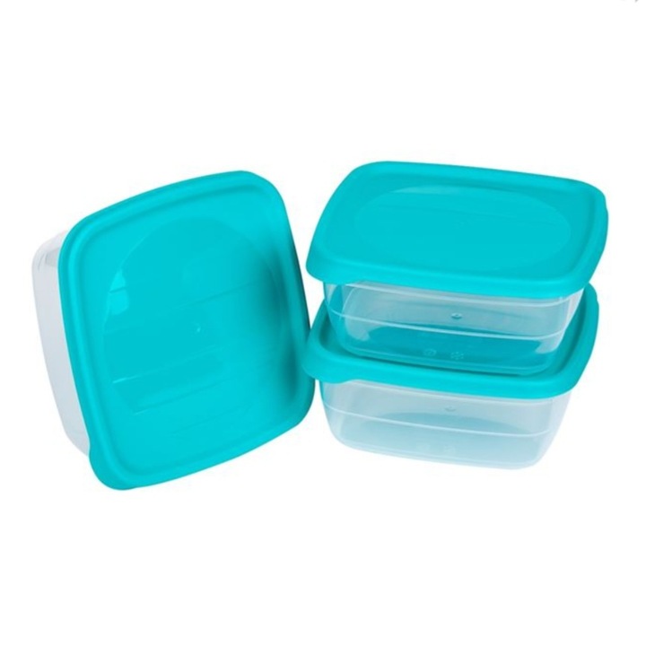 Set caserole alimentare, 3 buc, plastic, cu capac, turcoaz/transparent, 900ml, 13x13x7cm