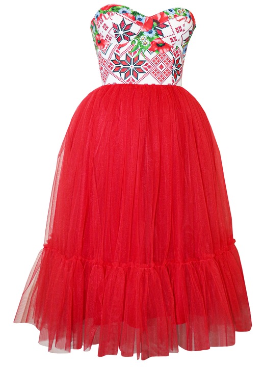 Rochie dama, midi, rosie cu imprimeu traditional, marimea 38