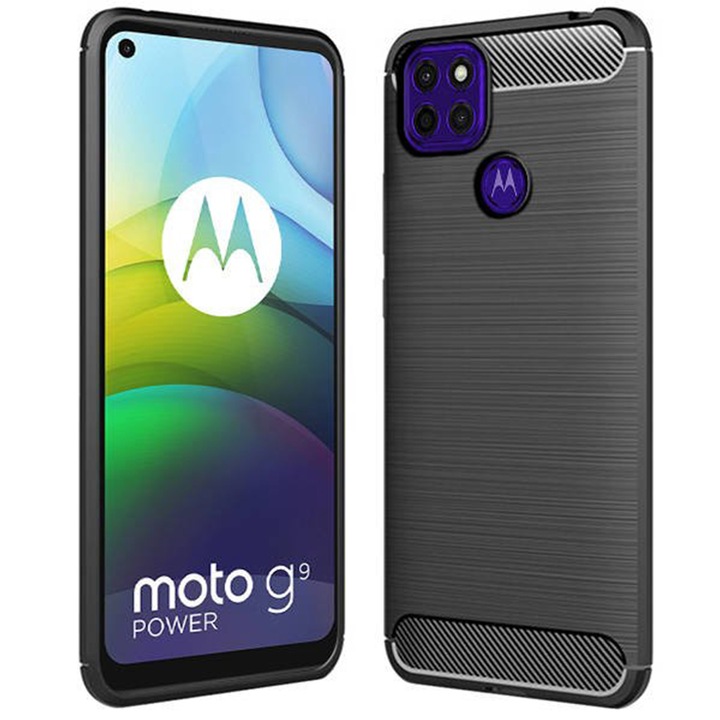 Калъф Supreme Carbon, съвместим с Motorola Moto G9 Power, Прецизна защита, Набразден дизайн, Подсилени ръбове, Защита от пръстови отпечатъци, Черен