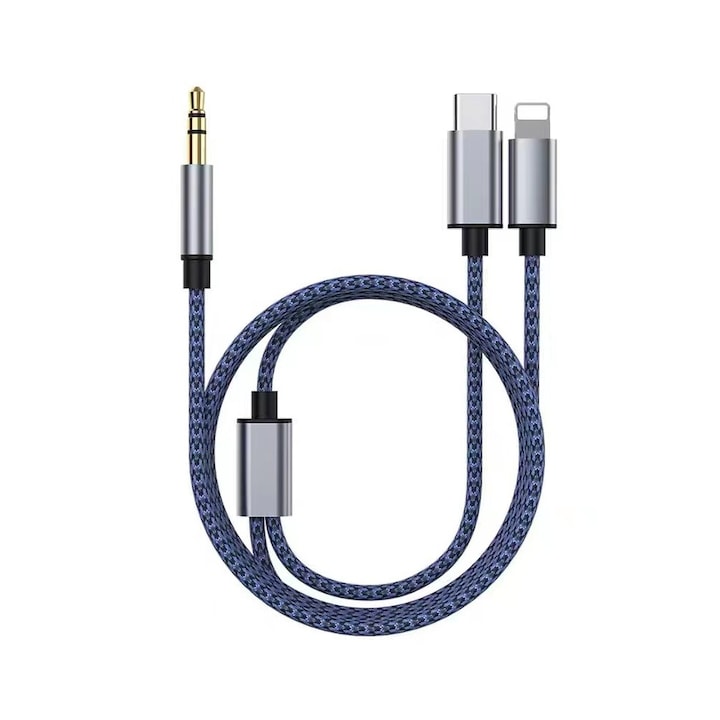 Cablu 2 in 1 Audio adaptor Jack 3.5 mm auxiliar compatibil iPhone si USB type C, Flippy, Albastru Inchis