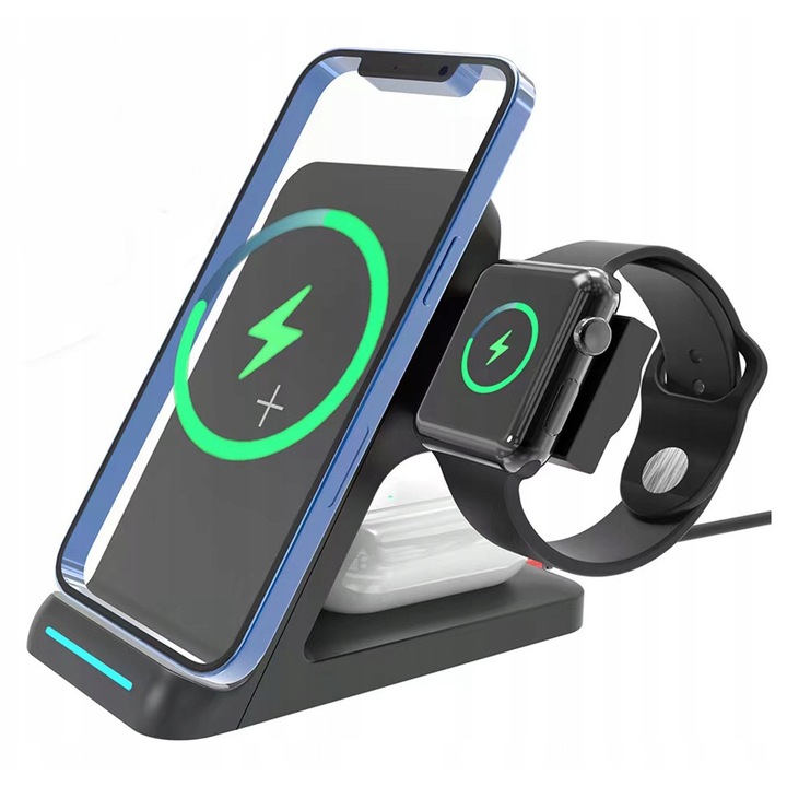 Incarcator Wireless Zenwire®, 3-in-1, USB-C 15W, Statie de incarcare inductiva rapida, pentru toate telefoanele QI, iPhone & Android, suport smartphone-ceas-casti