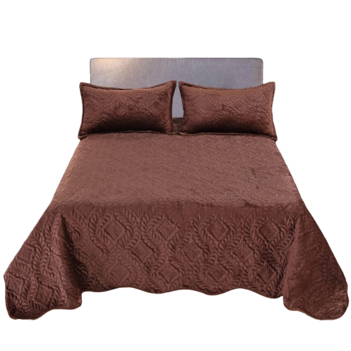 Set cuvertura pat, C08, matlasata, 3 piese, 220x240cm, Maro Inchis