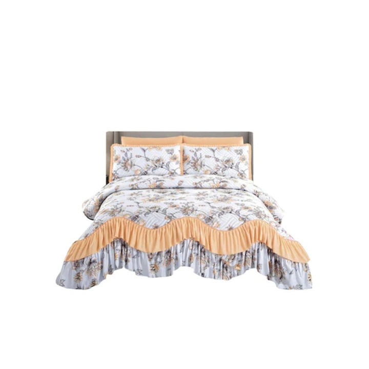 Cuvertura si 2 fete de perna, Jojo Home, Finet, imprimeu floral, M4, 3 piese, 2 persoane, 220x270cm, Alb-Somon