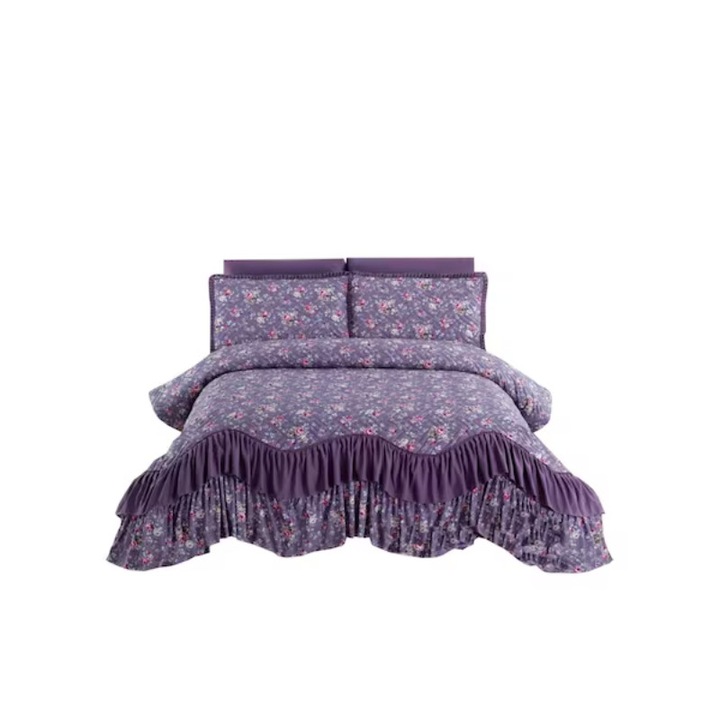 Cuvertura si 2 fete de perna, Jojo Home, Finet, imprimeu floral, M2, 3 piese, 2 persoane, 220x270cm, Mov