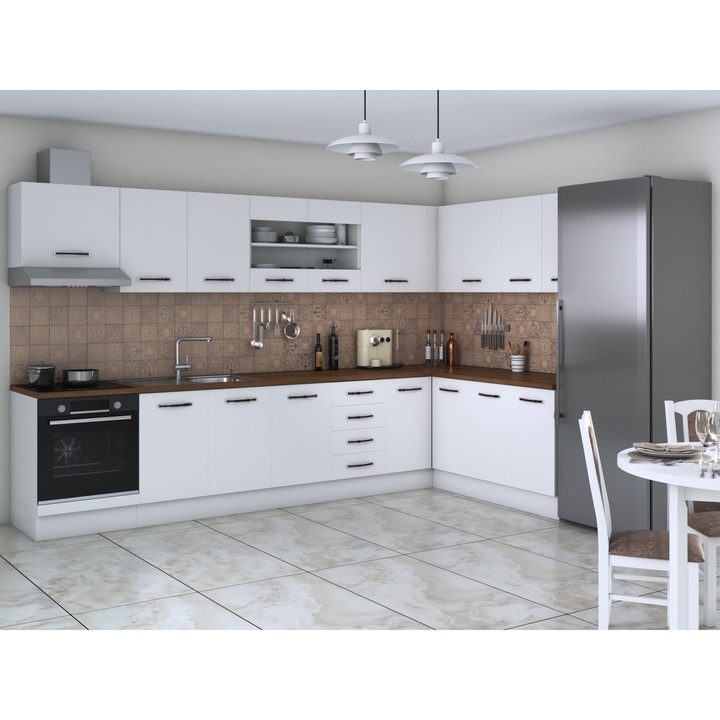 Bucatarie de colt Alfa, corp hota, corp cuptor, cu vitrina, alb, blat termic nuc