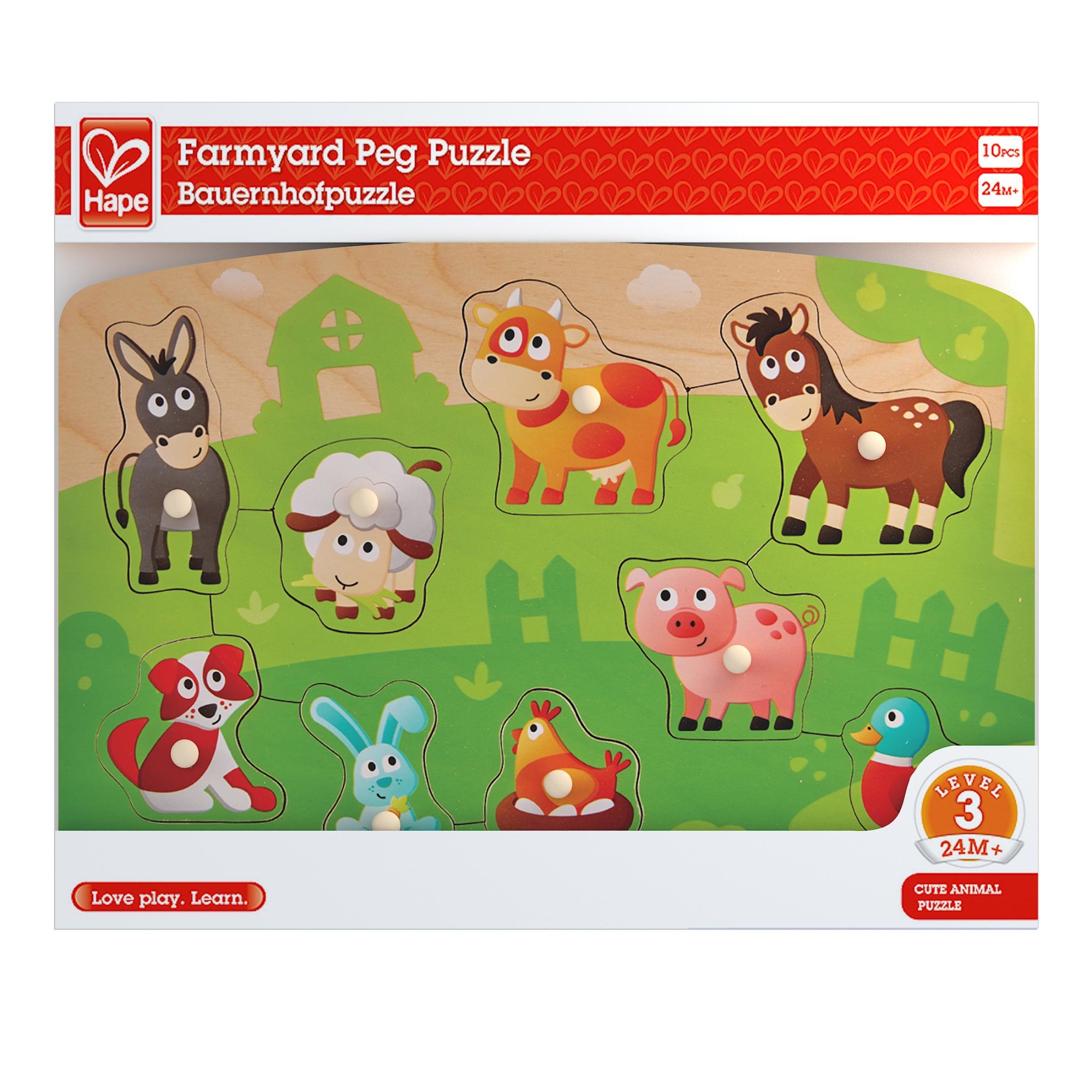 Puzzle din lemn cu butoni Hape, Animale de la ferma, 10 piese - eMAG.ro