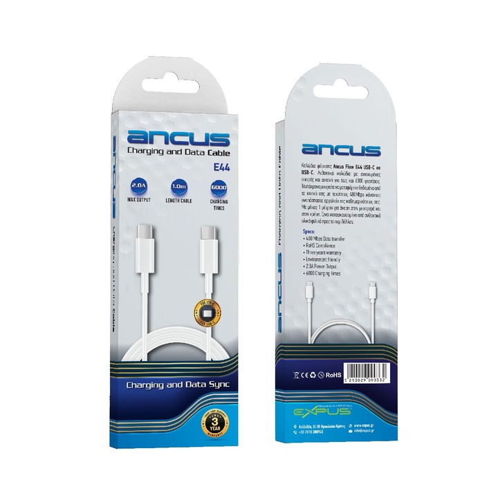 Cablu de date si incarcare Ancus Flow E44, USB-C la USB-C, 2.0A, 480Mbps Transfer de date, 1m, Alb