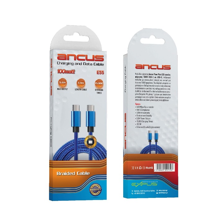 Cablu de date si incarcare, Ancus Flow Plus E55, USB-C la USB-C, 5.0A, 100W, 1m, Albastru