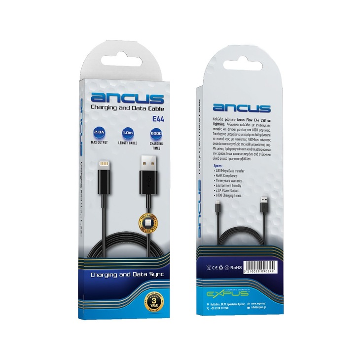 Cablu de date si incarcare, Ancus Flow E44, USB si Lightning, 2.0A, 480Mbp, Negru, 1m