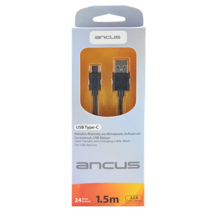 Cablu de date si incarcare, Ancus, USB-A / USB-C, 2.1A, Negru, 1.5m