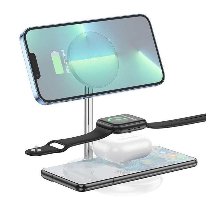 Suport de birou Hoco CW40 Noble 3-in-1 pentru incarcare fara fir 1 5V/2A 9V/3A Incarcare rapida pana la 15W Alb